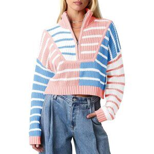 Women’s Pink  Saodi mallsu Striped Cropped Zip Up Sweater, Color Block